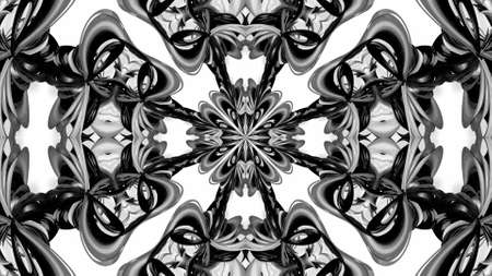 3d render. Black and white stripes are twisted forming complex symmetrical structures like flower, ornament pattern or kaleidoscopeの写真素材