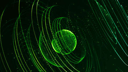abstract sci-fi background with glow particles form curved lines, surfaces, hologram structures or virtual digital space. Green motion design background of microworld or cosmic space. Ringsの写真素材