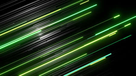 3d render. abstract simple geometric background with green rectangles like elongated light bulbs flashing neon lights fly in air. Creative simple motion design bgの写真素材