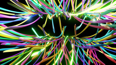 3d abstract background with neon light, multicolored flashes of light bulbs of unusual shapes....