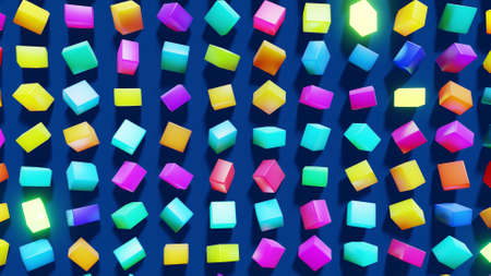 3d render. 3d abstract simple geometric background with multicolor rectangles on plane with flashing multicolor neon light. Creative simple motion design background with 3d objectsの写真素材