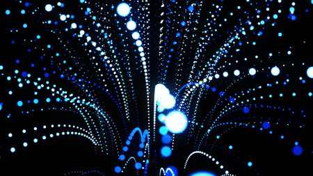 abstract 3d background with glowing particles lined up in curved lines in 3d space. Festive with blue particles. Motion design background. 3d renderの写真素材