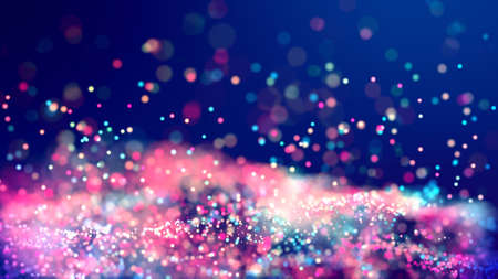 cloud of multicolored particles fly in air slowly or float in liquid like sparkles on dark blue background. Beautiful bokeh light effects with glowing particles. 3d renderの写真素材