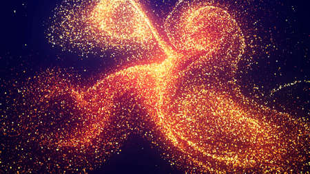 Abstract bg, golden magic glitters fly in air form beautiful swirls. Fiery sparkles float in viscous liquid. Sparkles in flow of turbulence force. 3d renderの写真素材