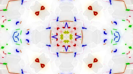 3d render. Abstract white sci-fi bg with symmetrical geometric pattern like mandala or kaleidoscope. Matt white glass with multicolor inserts. Motion design light backgroundの写真素材