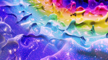 Liquid gradient rainbow color. Bright glossy paint surface as abstract festive background. Glitters...