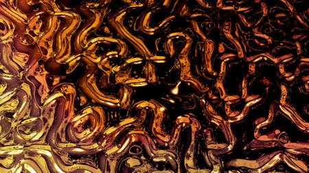 Abstract background with wavy sparkling golden liquid pattern on shiny glossy surface. Viscous...