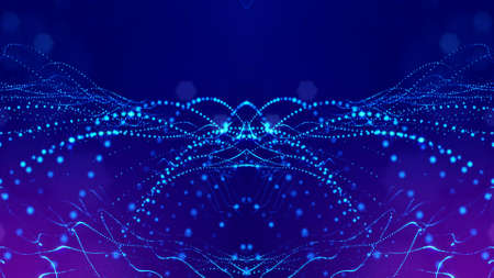 3d rendering background of microworld or sci-fi theme with glowing particles form curved lines, 3d surfaces, grid structures with depth of field, bokeh. Deep blue wave formsの写真素材