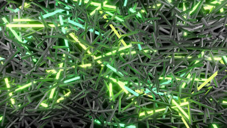 3d render. 3d abstract simple geometric background with green yellow rectangles like light bulbs...