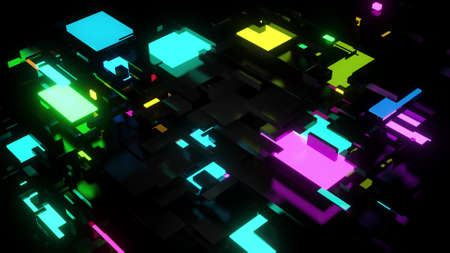 3d render. Abstract dark background neon cubes light bulbs. Visualisation of working ai bigdata or...