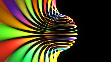3d render. Abstract background with multicolor light streaks, light and bokeh effects. Neon lines made of particles form curve structure or twisted pattern. Spiral.の写真素材