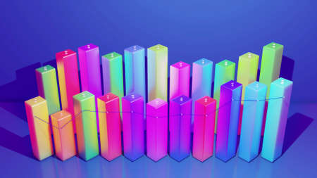 3d render. Multicolor bars, counters and graph. Beautiful 3d background for analytical programs with abstract infographics, statistical data. 3d columns as financial bgの写真素材