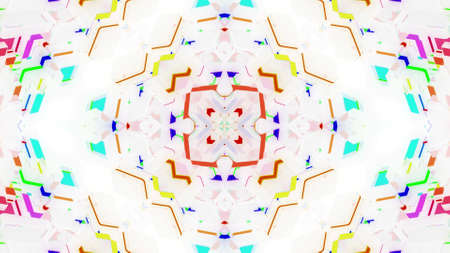 3d render. Abstract white sci-fi bg with symmetrical geometric pattern like mandala or kaleidoscope. Matt white glass with multicolor inserts. Motion design light backgroundの写真素材