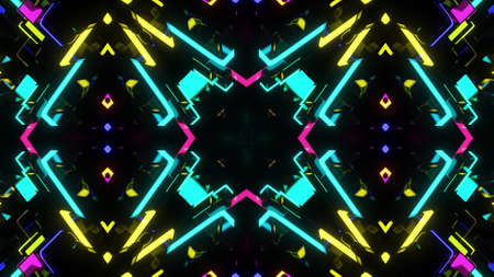 3d render. Science fiction cyberpunk bg with mechanism and neon light. 4k dark background with abstract symmetrical mechanism and neon light.の写真素材