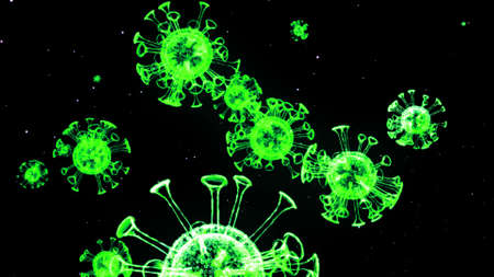 green glowing holographic image of coronavirus like covid-19 virus or influenza virus flies in air or isolated on black background. 3D rendering for informational presentation.の写真素材