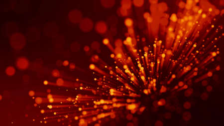 3d rendering of abstract red fiery background with glowing particles like micro world science fiction with depth of field and bokeh. Red light rays like laser show for bright festive presentationの写真素材