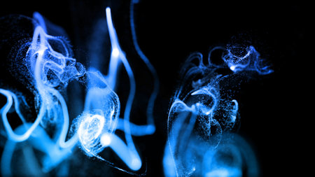 injection of blue fluorescent ink in water isolated on black background. 3d render of glow particles...