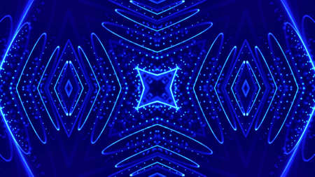 3d render. Abstract sci-fi background with glow particles form curved lines, surfaces, hologram structures or virtual digital space. Blue motion design bg with symmetrical pattern. Cross structure.の写真素材