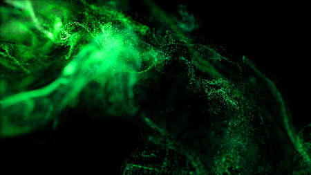 injection of fluorescent ink in water isolated on black background. 3d render of glow particles as fantastic background of shiny ink effect advection with depth of field.の写真素材
