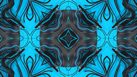 3d render. Abstract bg with black lines pattern like ornamental flower, star or mandala on blue...