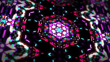 dark background with abstract symmetrical mechanism and neon light, DOF. Science fiction cyberpunk bg. 3d renderの写真素材