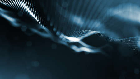 Microworld or sci-fi theme. 3d rendering background of glowing particles that form curved lines and 3d surfaces, grid with depth of field, bokeh. Blue dark bgの写真素材