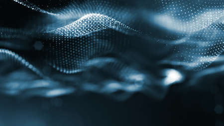 Microworld or sci-fi theme. 3d rendering background of glowing particles that form curved lines and...