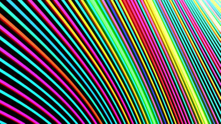 3d render. Abstract geometric bg with rings form complex twisted spiral and light effects. Rings flash neon multicolor lights. Neon ring bulbs for show or events, festivals or concertsの写真素材