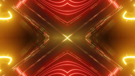 3d render. Sci-fi tunnel with neon lights. Abstract high-tech tunnel as background in the style of cyberpunk or high-tech future. Symmetrical structure of red yellow light streaks.の写真素材