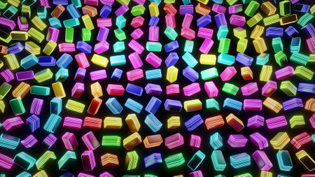 3d render. Geometric background with neon light, multi color blocks like light bulbs with multicolor light. Beautiful motion design background with simple geometric shapes and neon light.の写真素材