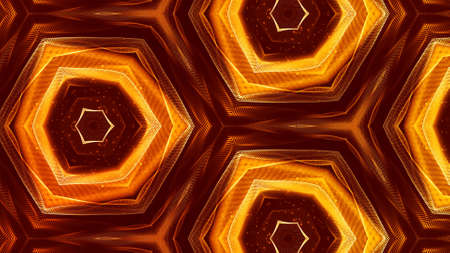 3d render. Gold motion design background with symmetrical pattern. Abstract sci-fi bg with glow particles form curved lines, surfaces, hologram or virtual digital space. Triangular structureの写真素材
