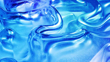 Abstract liquid background with wavy sparkling pattern on shiny glossy surface. Viscous blue fluid like surface of foil or brilliant glass. Beautiful creative festive backdrop. Simple bright BGの写真素材