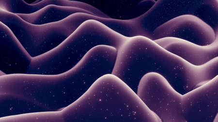 3d render. Abstract waves of soft black matte material with light inner glow and glitters on...