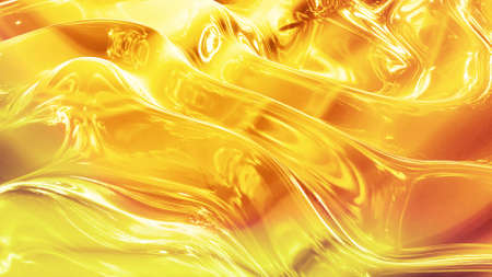 Abstract background with wavy sparkling golden liquid pattern on shiny glossy surface. Viscous yellow fluid like surface of gold foil or brilliant glass. Beautiful creative festive backdrop. 3d renderの写真素材