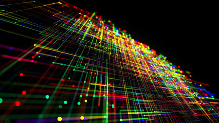 3d render. Sci-fi bg of glow multicolor particles form lines like electrical circuit or microcircuit. Beautiful bokeh light effects, dof. Abstract bg as technological concept with many lines and nodesの写真素材
