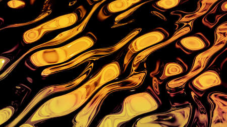 Abstract background with wavy sparkling golden liquid pattern on shiny glossy surface. Viscous...