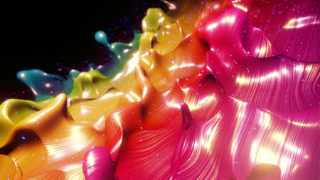 Liquid gradient rainbow color. Bright glossy paint surface as abstract festive background. Glitters...
