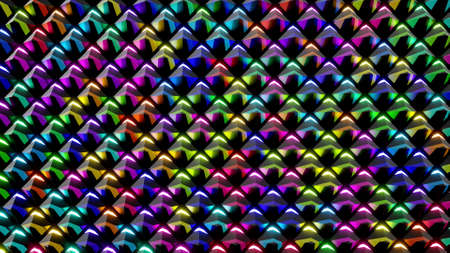 3d render. Abstract background with neon lights on pyramids.の写真素材