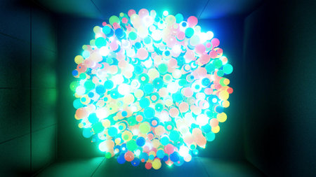 3d render. Abstract bg of colorful balls in air, which randomly light up and reflect in each other....