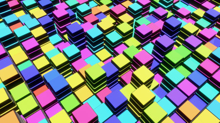 3d render. Abstract dark background of cubes on plane and neon lights. Grid of cubes like neon bulbs. Cyberpunk neon style bgの写真素材