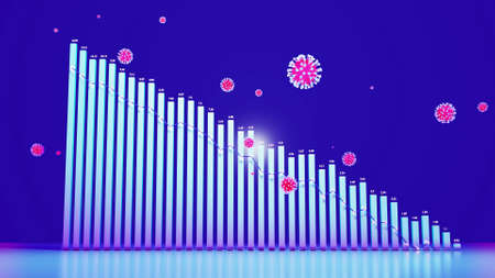 3d render. Abstract graph of descending columns or bars around which coronaviruses like covid-19 fly. Pandemic reduction concept. 3d abstract infographic background.の写真素材