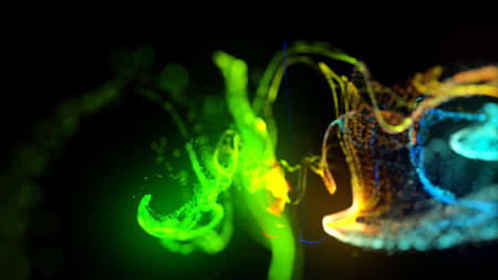 3d render. Injection of fluorescent ink in water isolated on black background. of glow particles or...