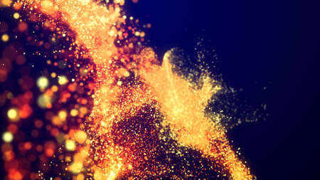 Abstract bg, golden magic glitters fly in air form beautiful swirls. Fiery sparkles float in viscous liquid. Sparkles in flow of turbulence force. 3d renderの写真素材