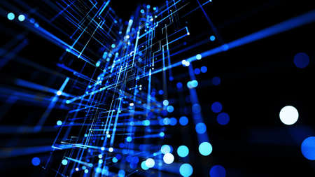 3d render. Glowing particles. Abstract background as technological concept with many blue lines and...
