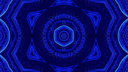 3d render. Blue motion design bg with symmetrical star pattern. Abstract sci-fi background with glow particles form curved lines, surfaces, hologram or virtual digital space. Floral structureの写真素材