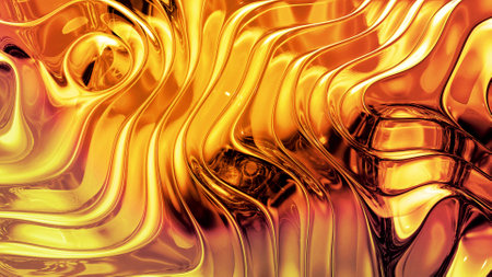 Abstract background with wavy sparkling golden liquid pattern on shiny glossy surface. Viscous yellow fluid like surface of gold foil or brilliant glass. Beautiful creative festive backdrop. 3d renderの写真素材