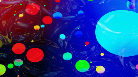 abstract background of shiny glossy surface like wavy blue liquid with rainbow color circles like...