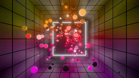 neon glow spheres fly indoors with smooth light gradient. Yellow purple red colors. Simple abstract...
