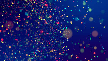cloud of multicolored particles fly in air slowly or float in liquid like sparkles on dark blue...
