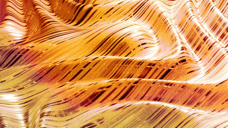 Abstract background with wavy sparkling golden liquid pattern on shiny glossy surface. Viscous yellow fluid like surface of gold foil or brilliant glass. Beautiful creative festive backdrop. 3d renderの写真素材
